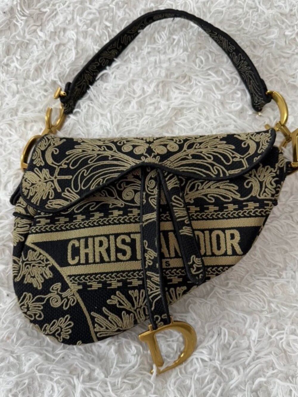 CHRISTIAN DIOR  Black & Gold Embroidered Saddle Bag
